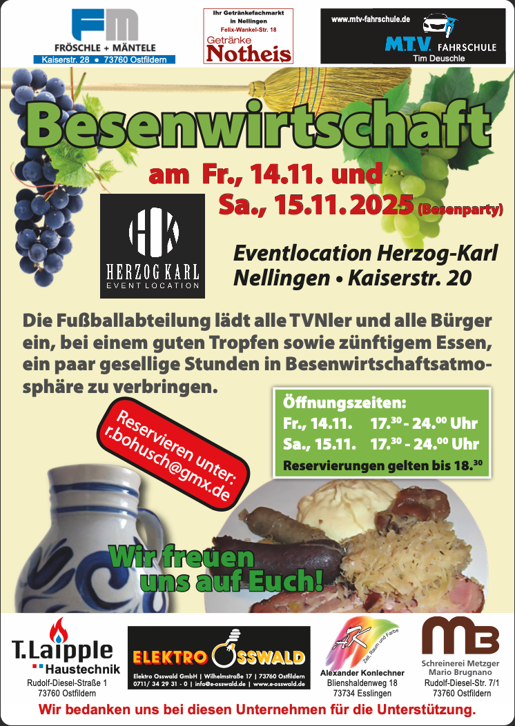 Einladung zur geselligen Besenwirtschaft der Fußballabteilung des TV Nellingen